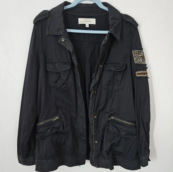 Torrid black cotton utility jacket patch detail with beaded design size 1 1X - Picture 1 of 8